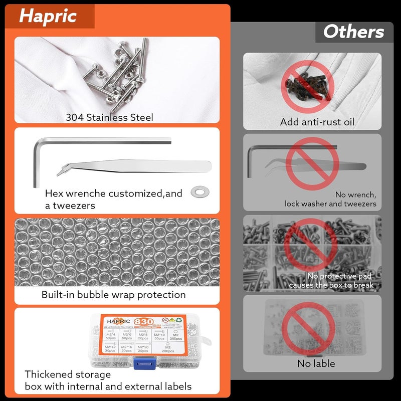 Hapric 830 Pcs M2 Screws Assortment Kit Metric Nuts and Bolts M2*4mm/6mm/8mm/10mm/12mm/16mm/20mm Metric Machine Screw Kit, 304 Stainless Steel Hex Socket Head Screws Nuts Bolts and Washers Set - Image 5